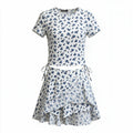 White/blue ditsy floral two-piece set (top + tiered ruffle skirt)
