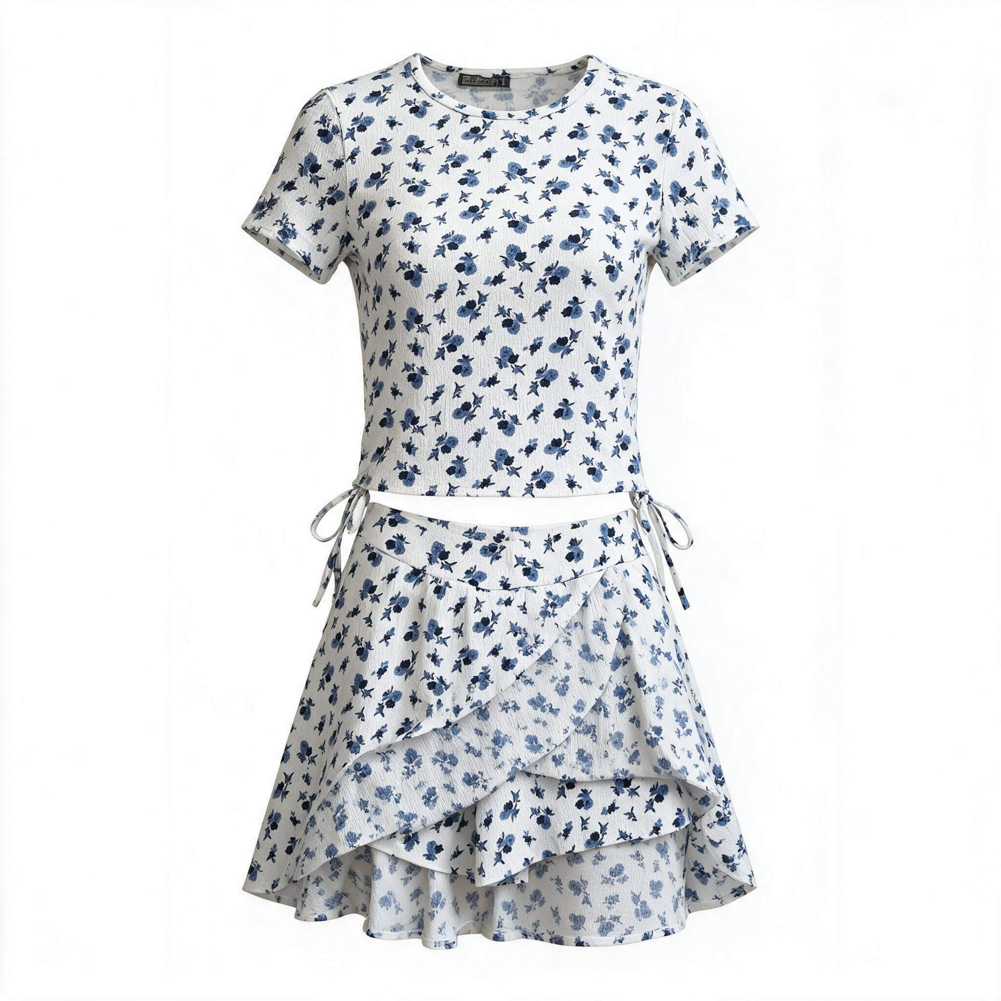 White/blue ditsy floral two-piece set (top + tiered ruffle skirt)