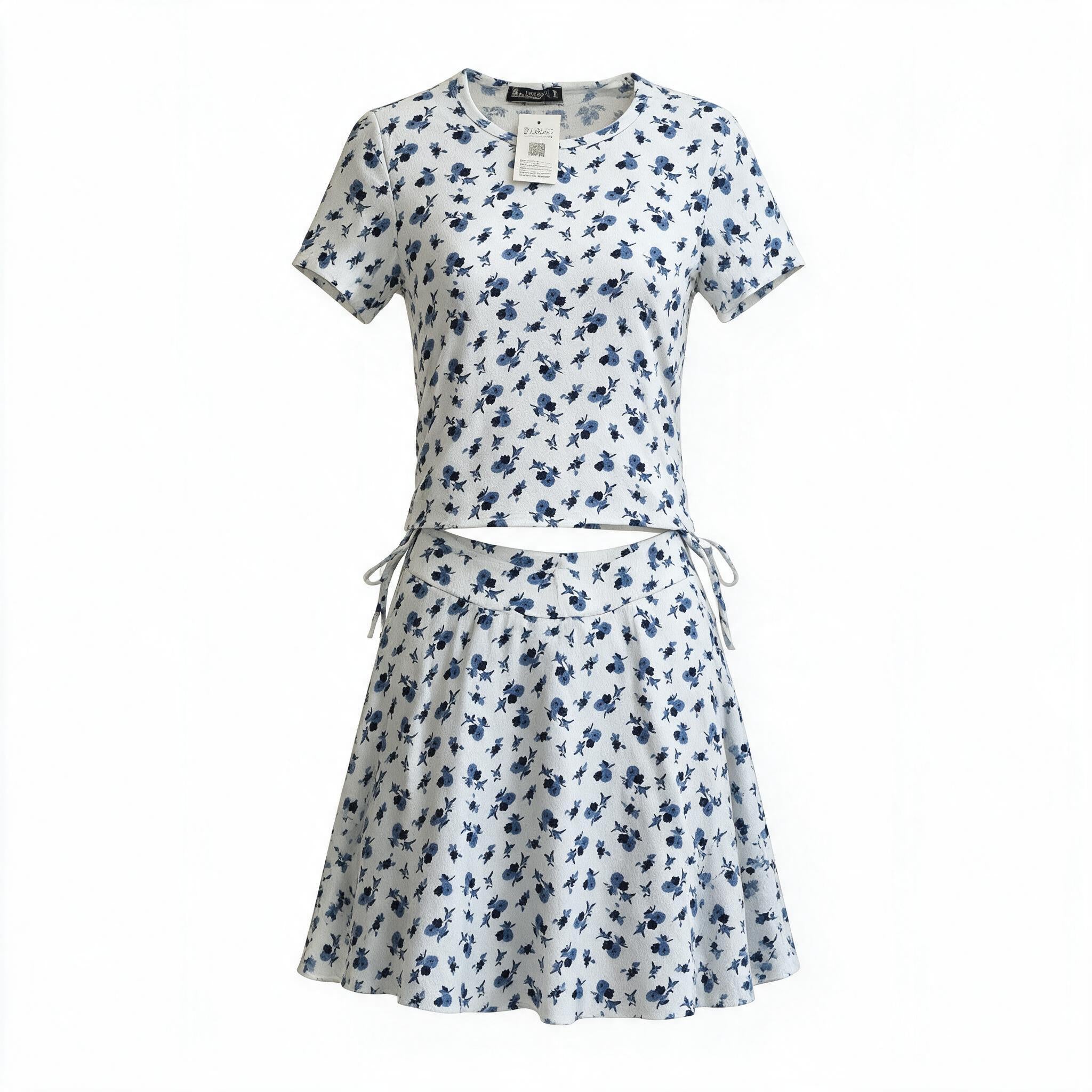 White/blue ditsy floral two-piece set (top + a-line skirt)