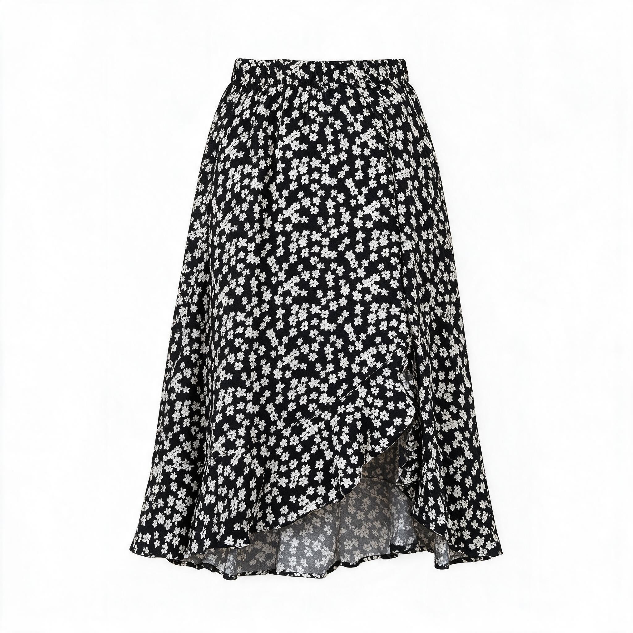 Black & white ditsy floral wrap ruffle skirt