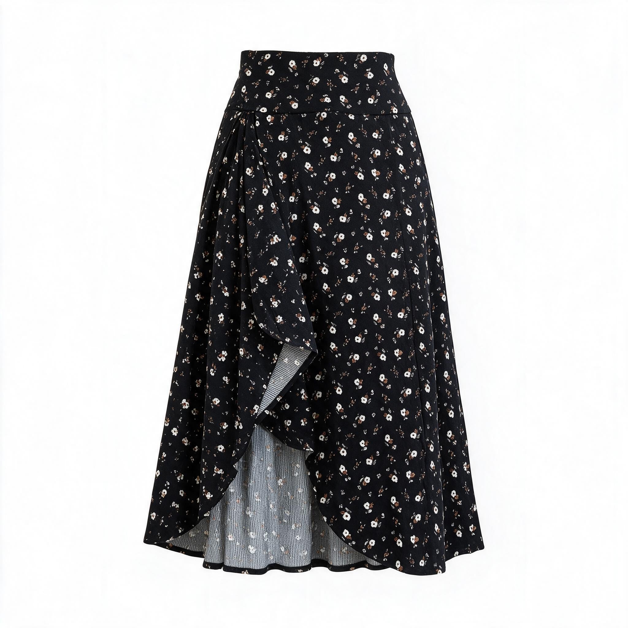 Black ditsy floral wrap ruffle skirt
