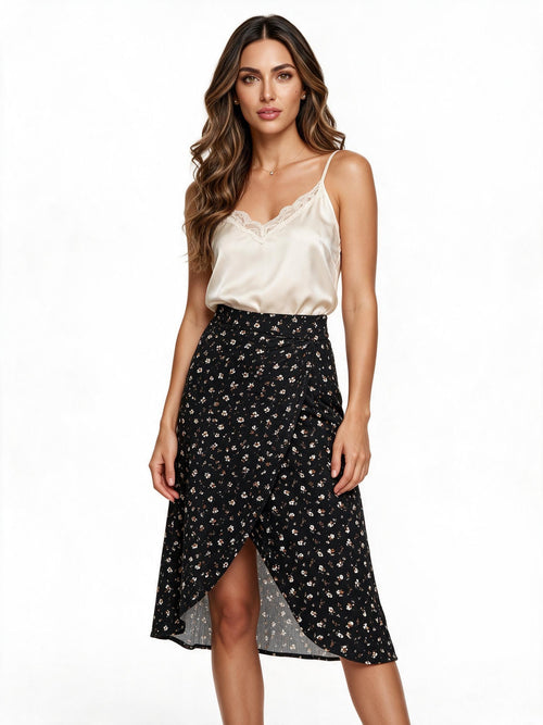 Black ditsy floral wrap ruffle skirt