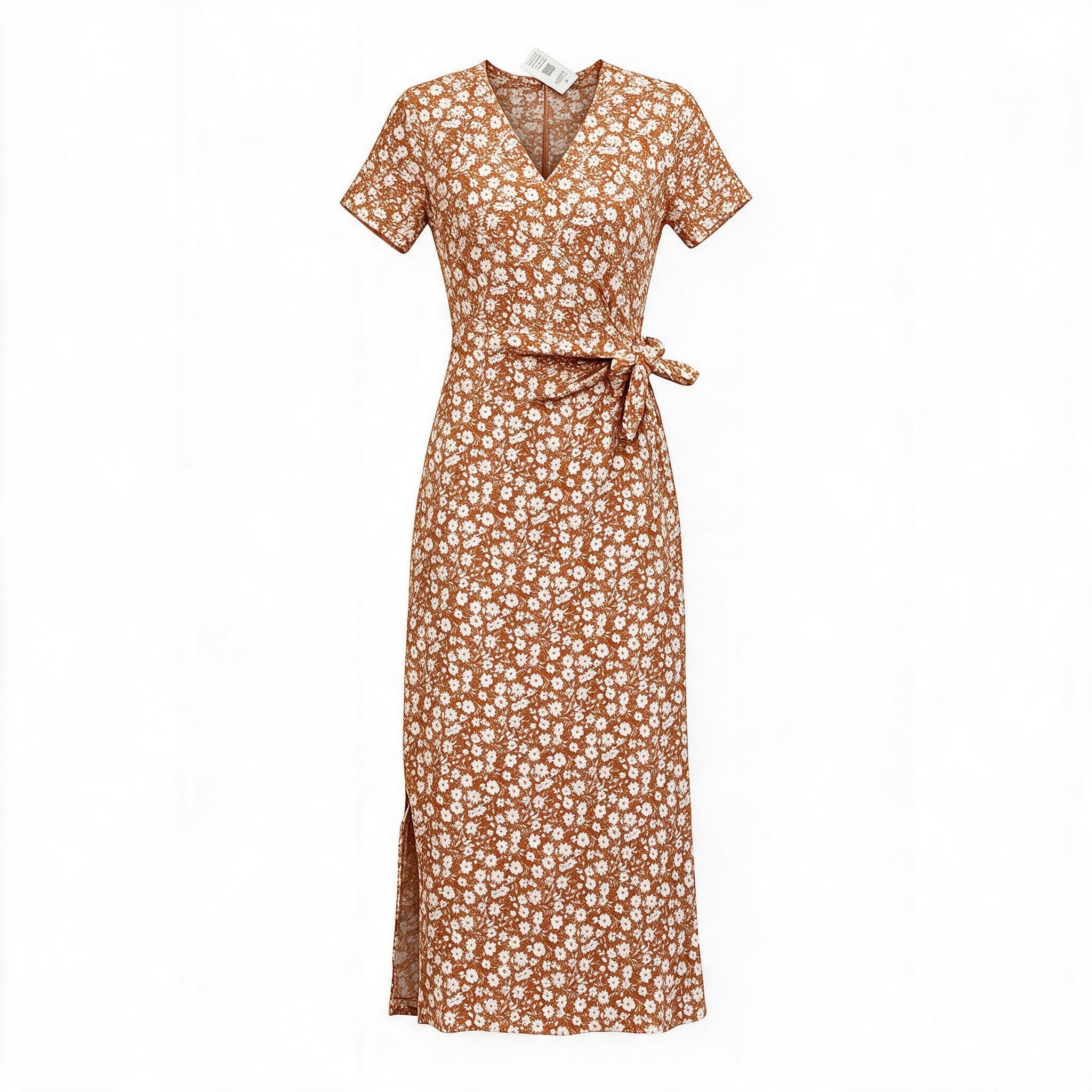 Orange ditsy floral wrap dress