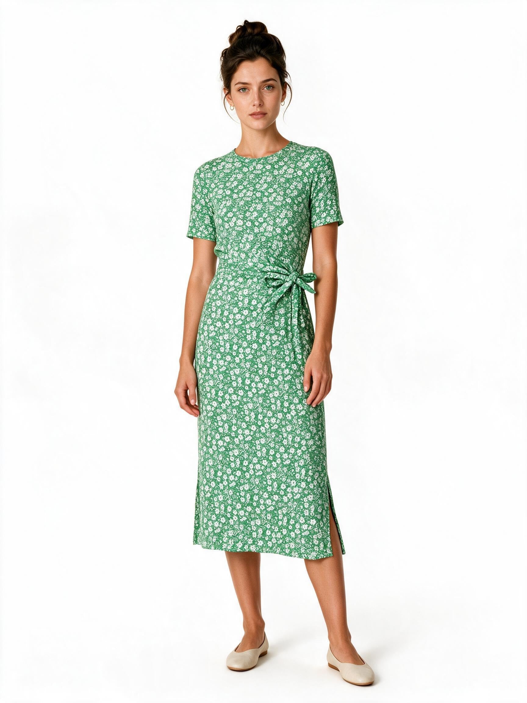 Green ditsy floral wrap dress
