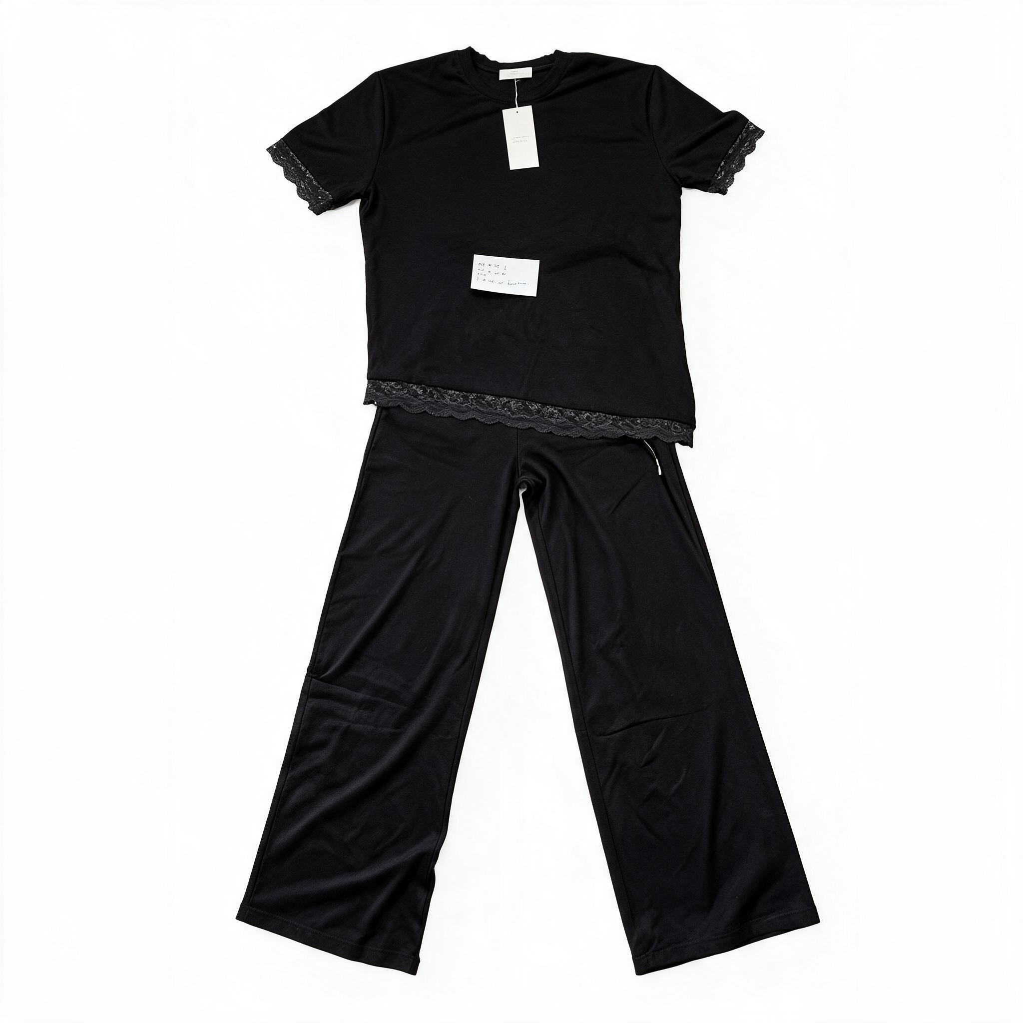 Black lace-trim top & wide-leg trousers set