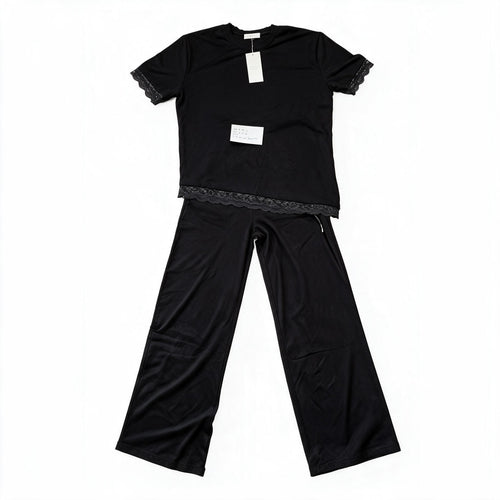 Black lace-trim top & wide-leg trousers set