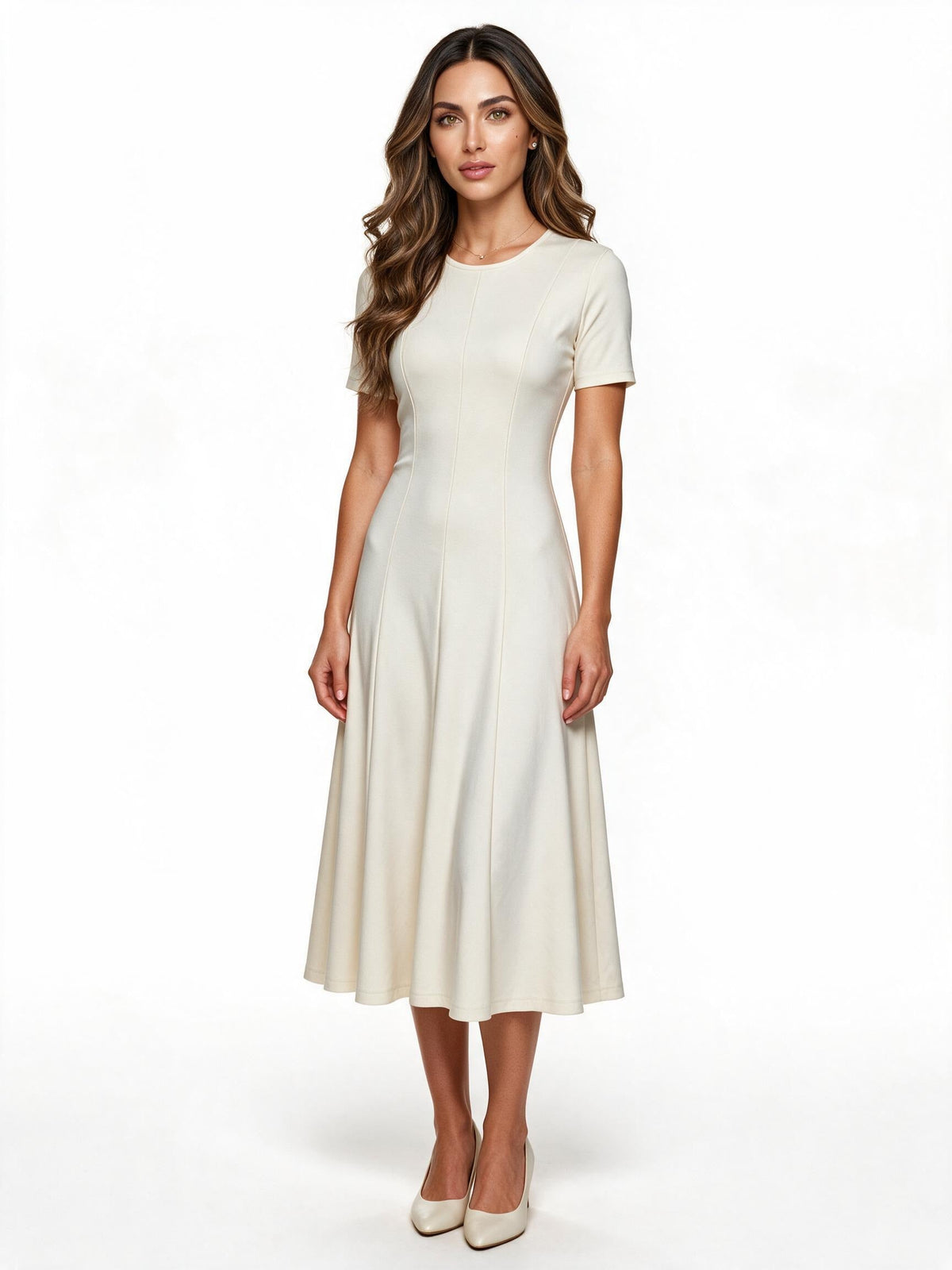 Cream short-sleeve flared maxi dress