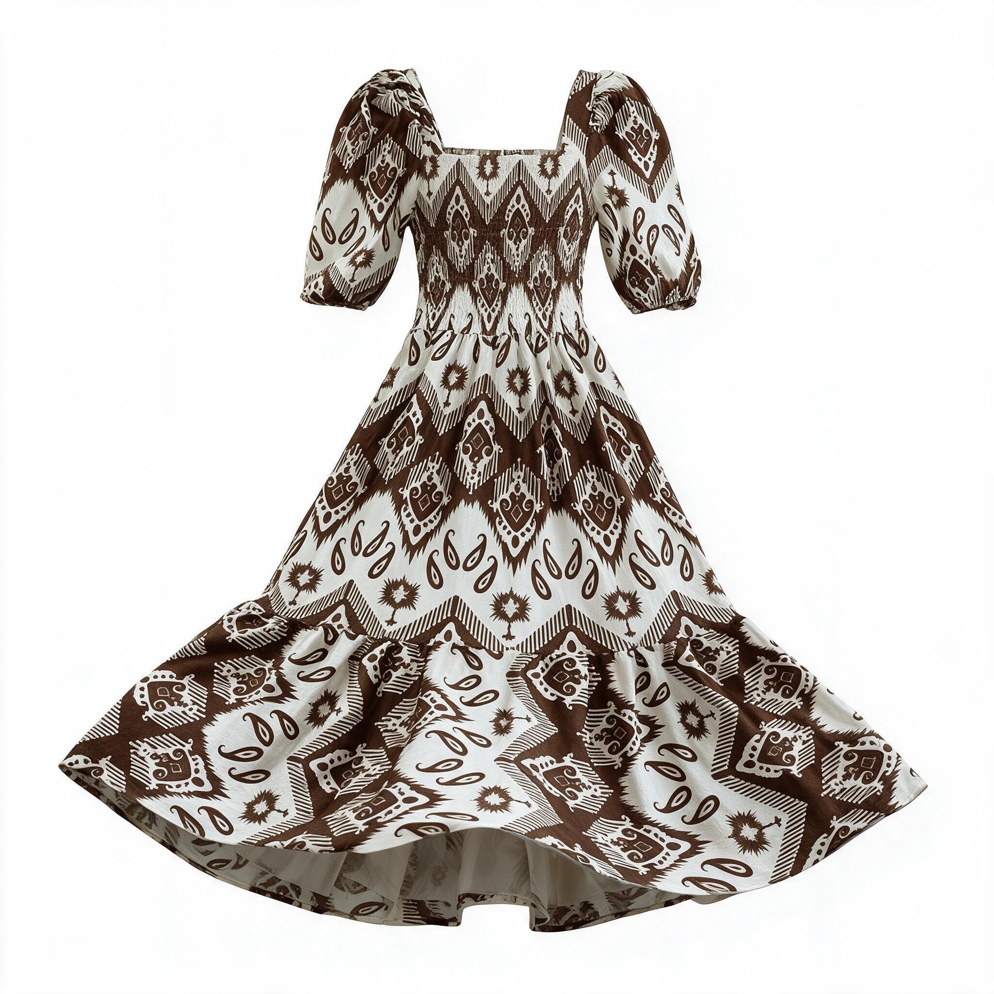 Brown & cream aztec puff-sleeve dress