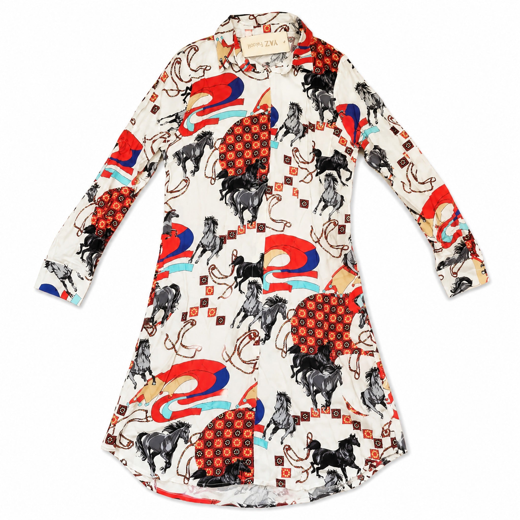 White, red & black horse-print shirt dress