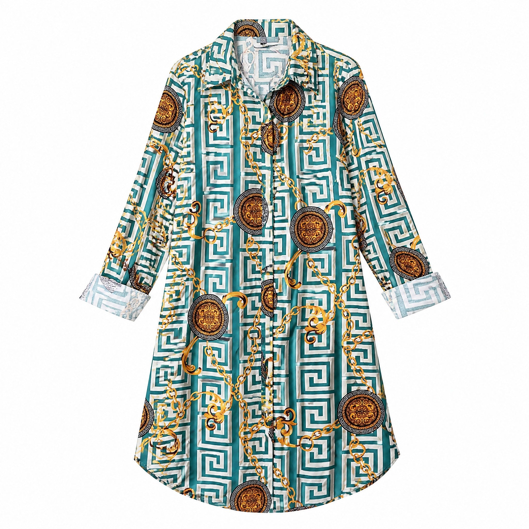 Green greek-key & baroque shirt dress