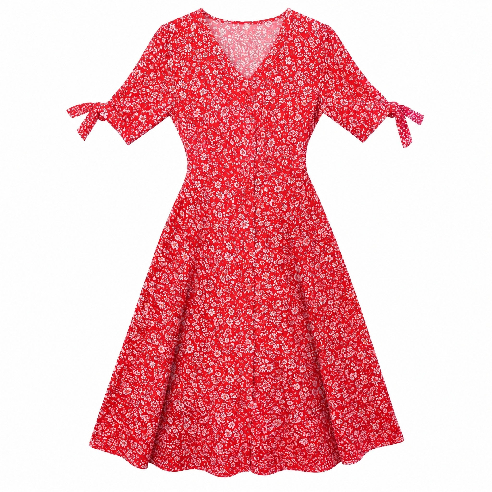 Red ditsy floral tie-sleeve dress