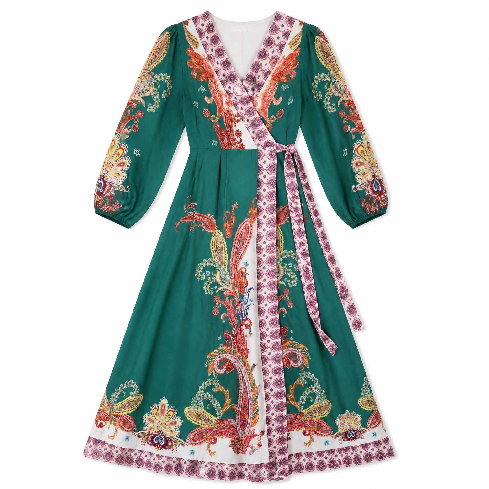 Green baroque paisley wrap dress