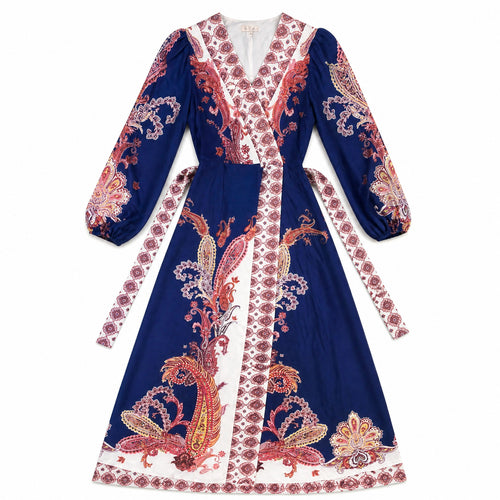 Blue & red baroque paisley maxi dress