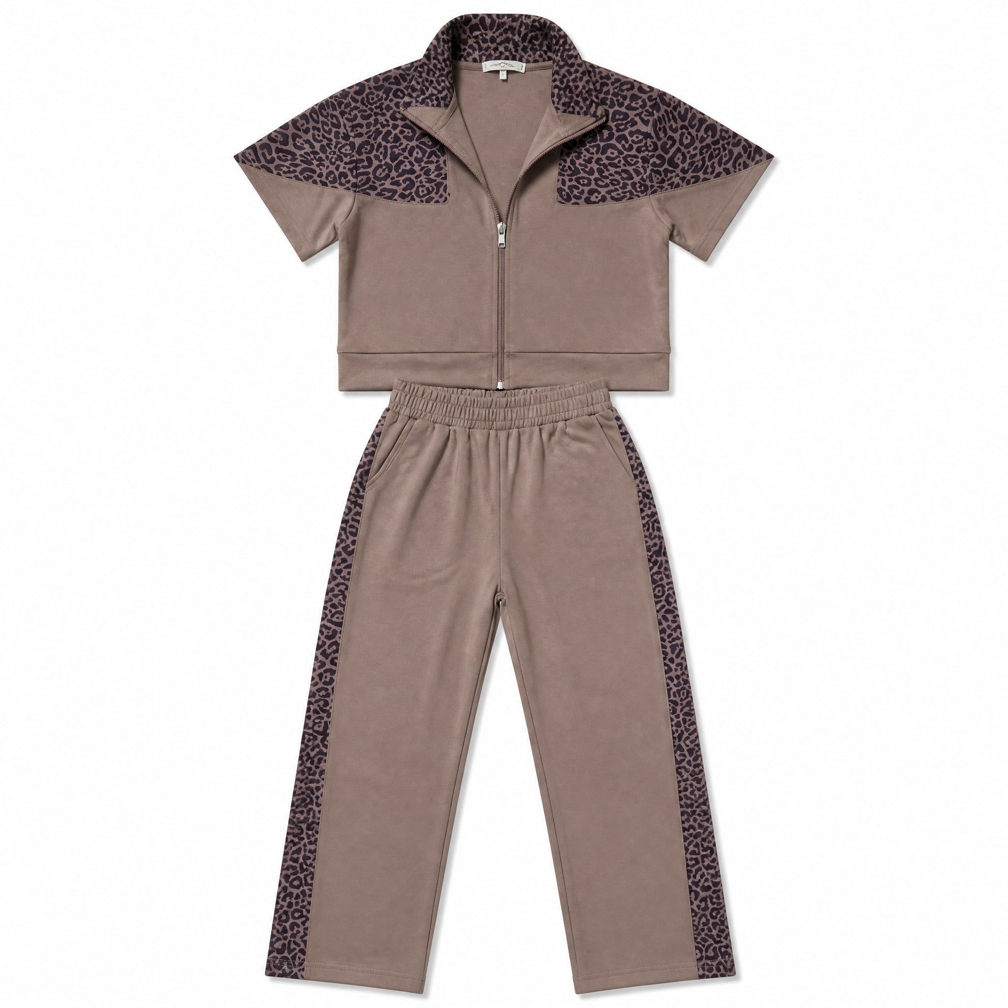 Taupe & leopard zip two-piece set