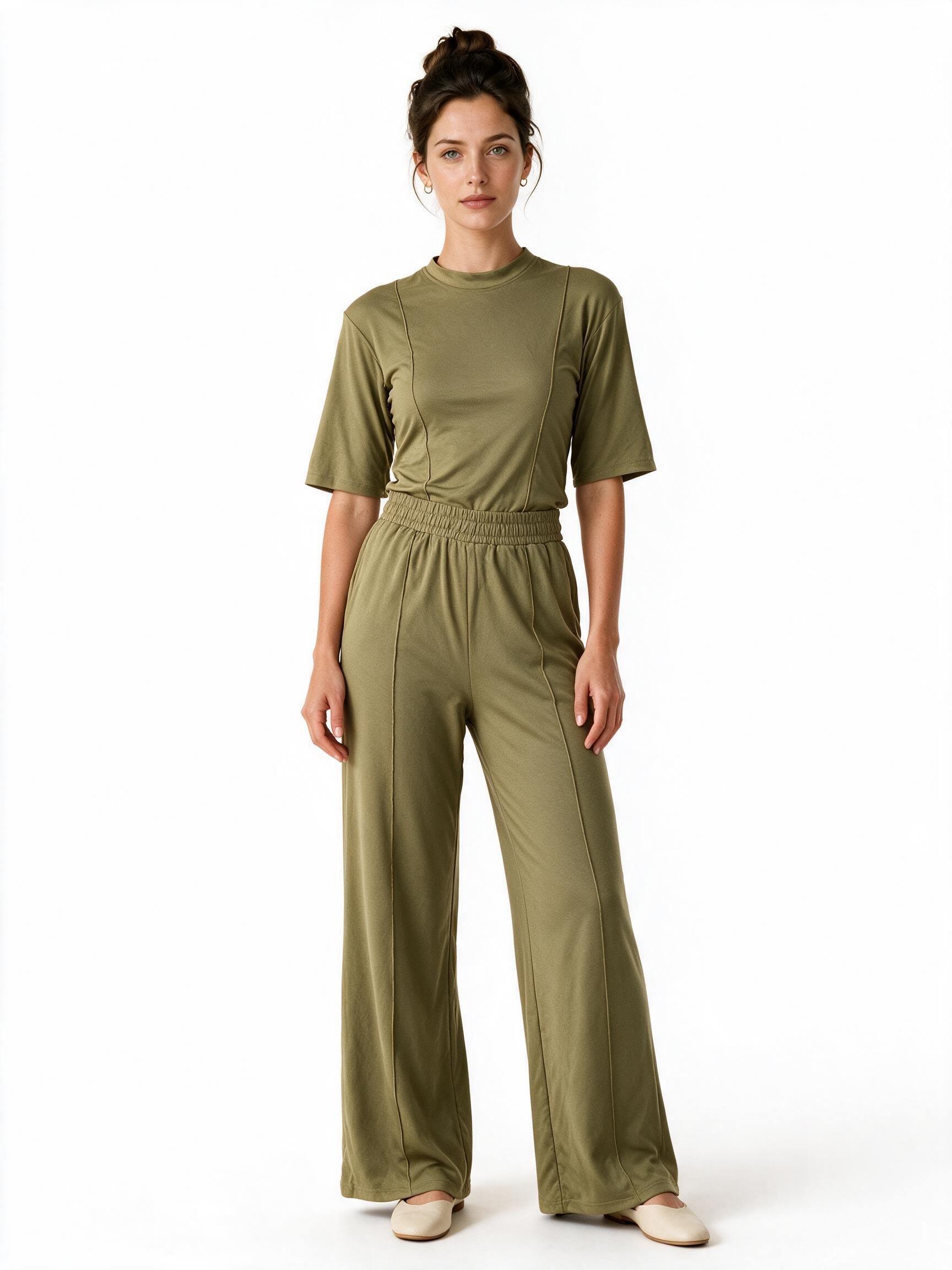 Khaki top and wide-leg trousers set