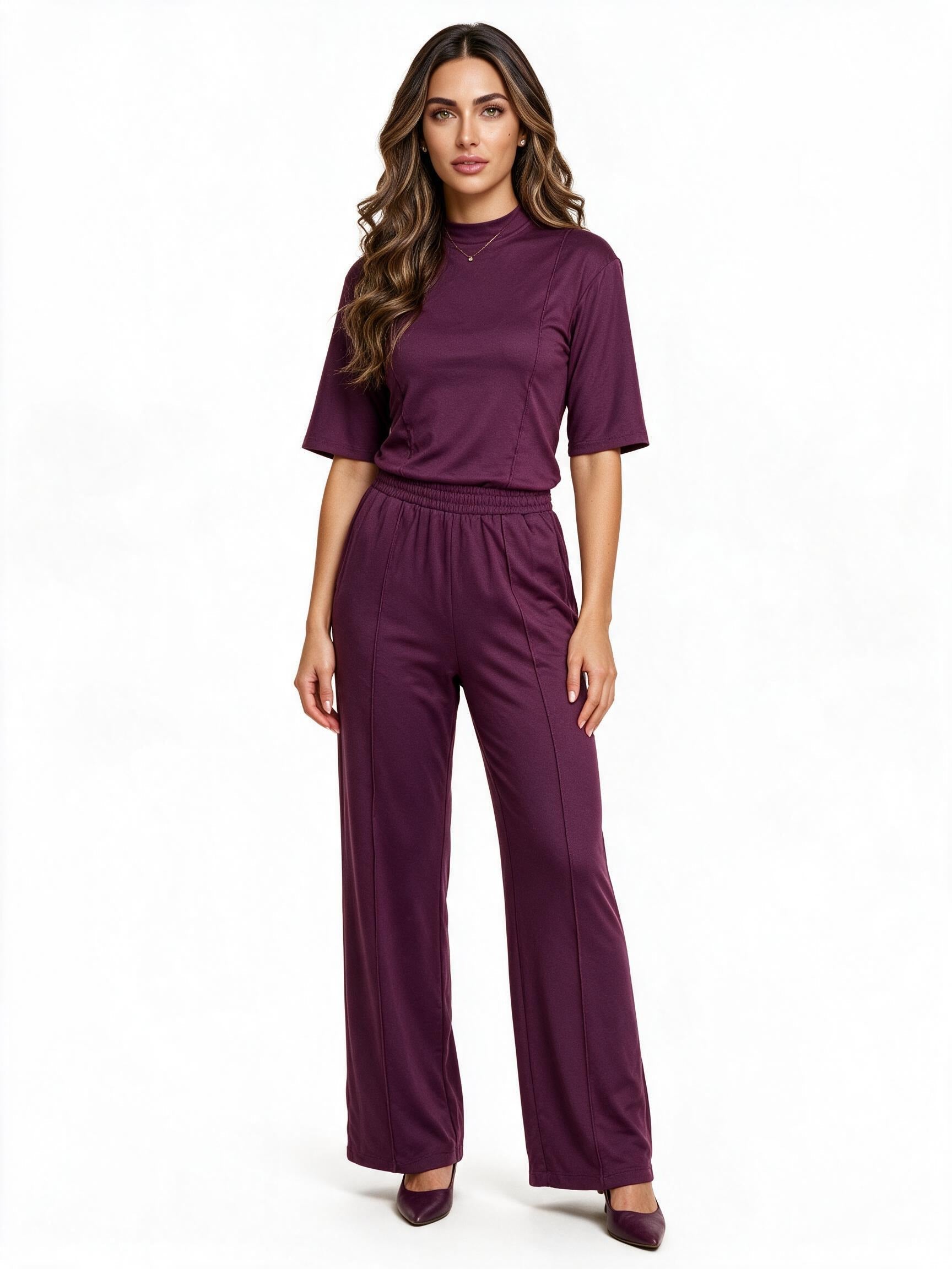 Magenta top and wide-leg trousers set