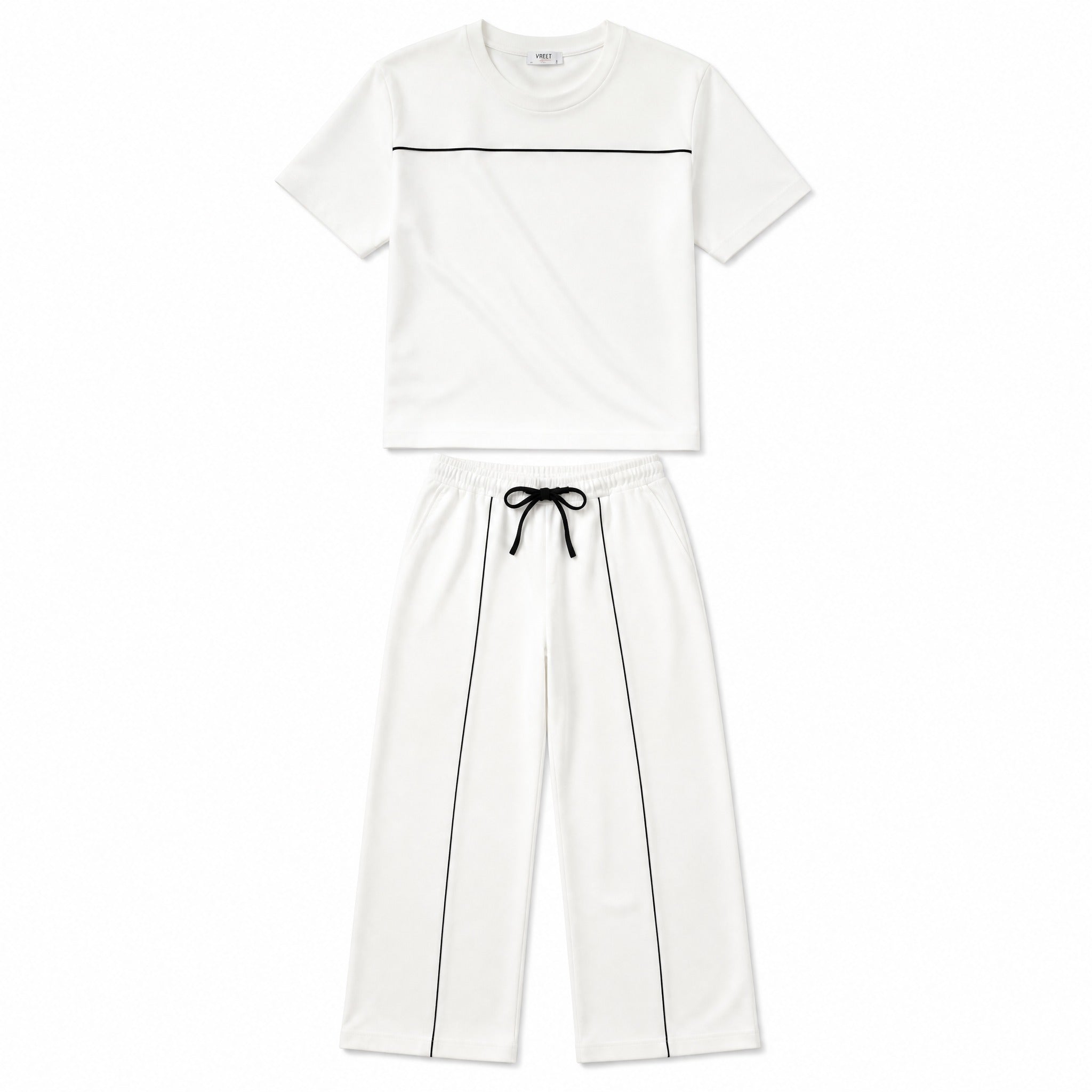 Beige top & white trousers two-piece set