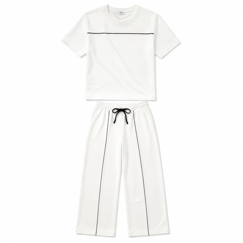 Beige top & white trousers two-piece set