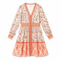 Coral & white print long-sleeve dress