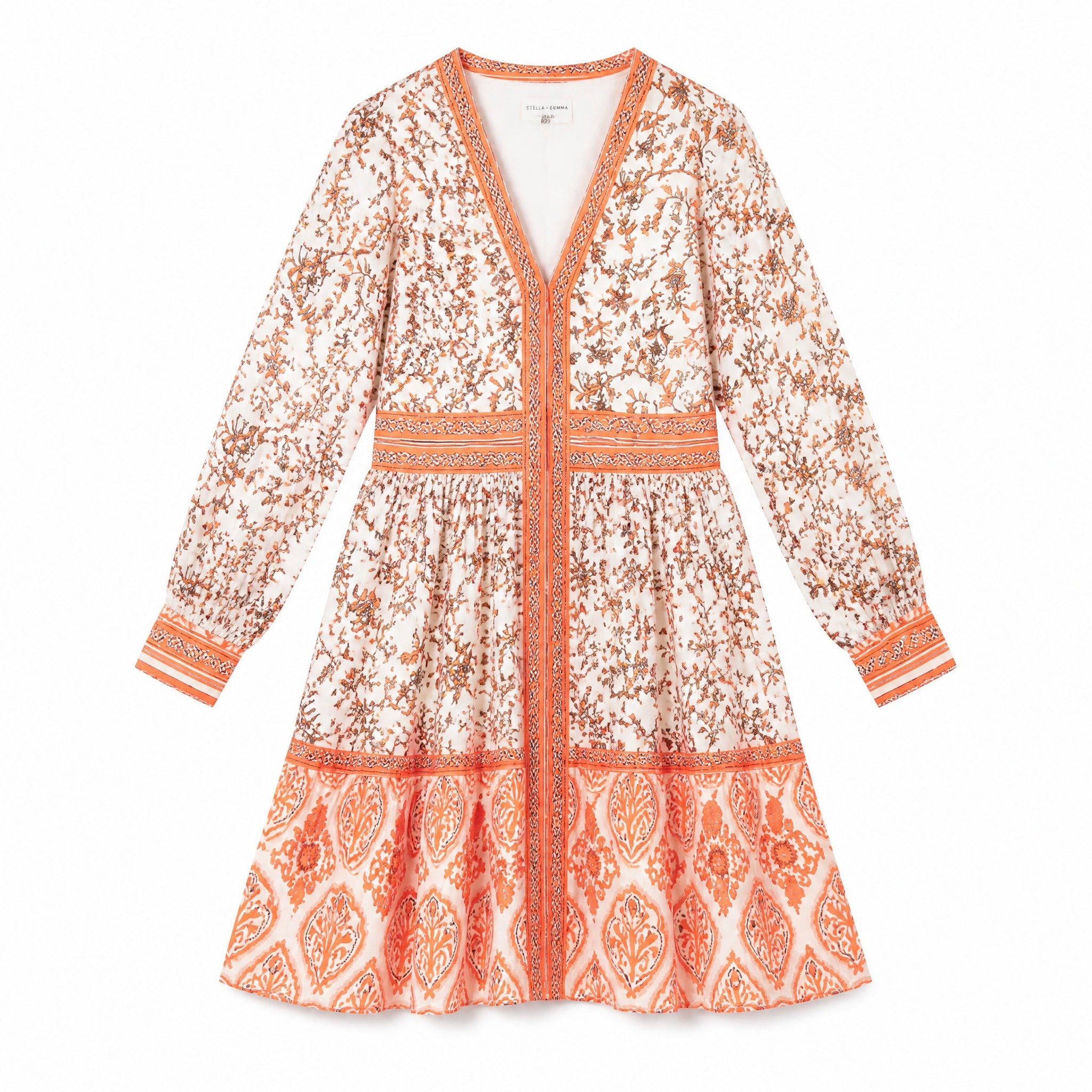 Coral & white print long-sleeve dress