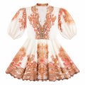 Cream & peach baroque puff-sleeve dress