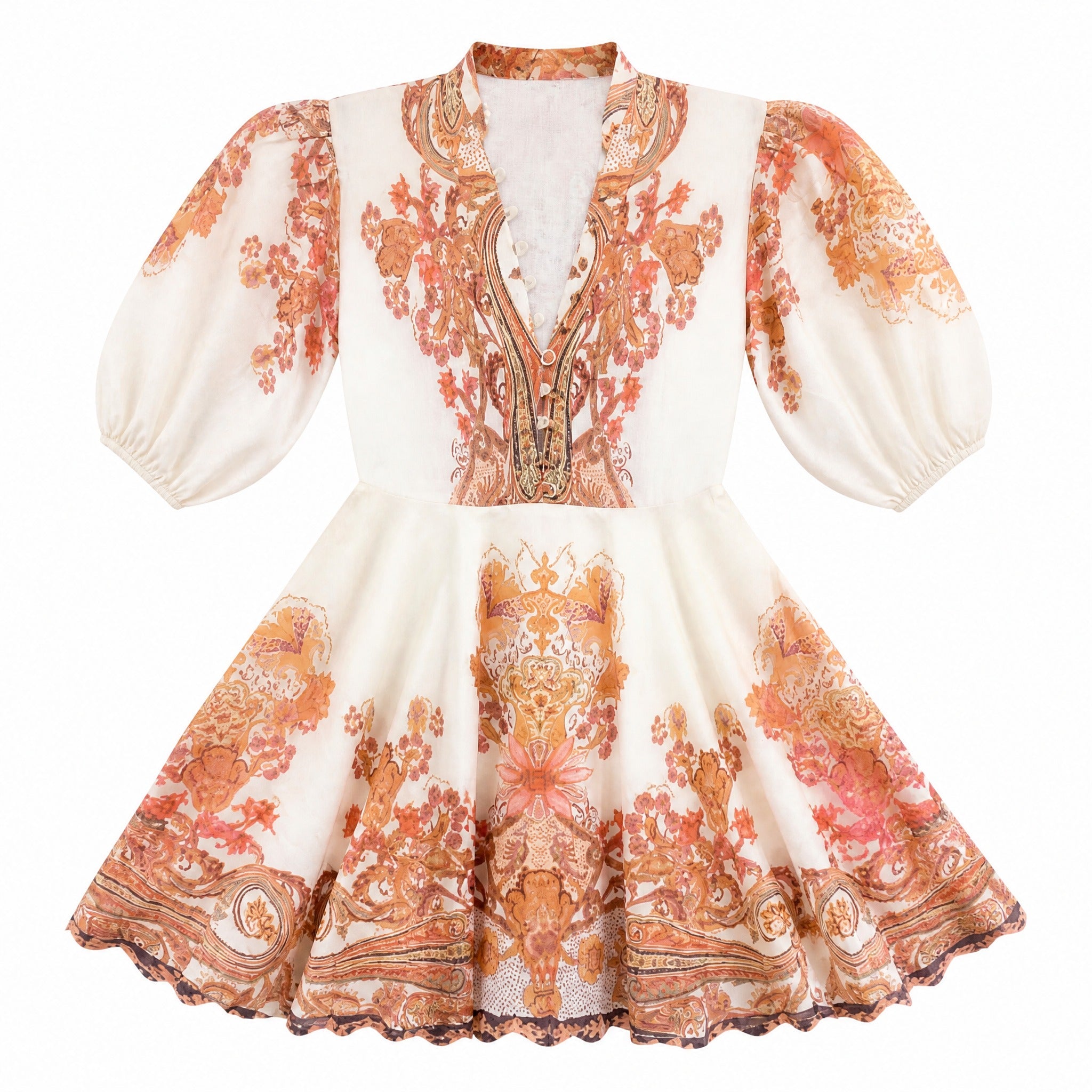 Cream & peach baroque puff-sleeve dress