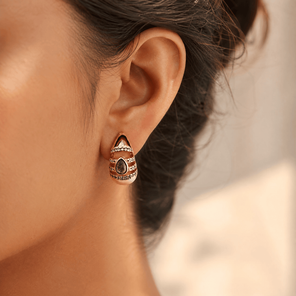 Rose Gold Teardrop Huggie Earrings – detail