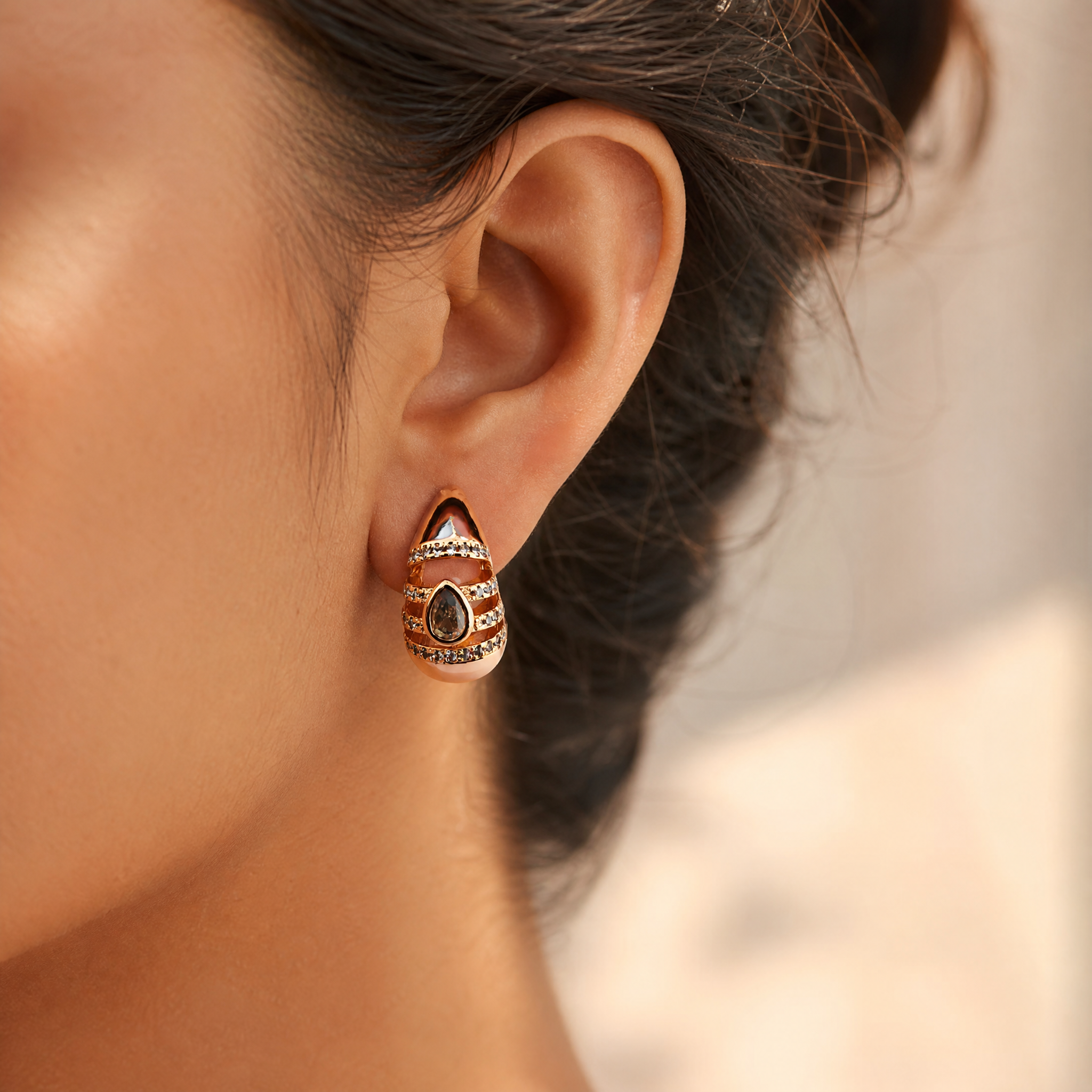 Rose Gold Teardrop Huggie Earrings – detail