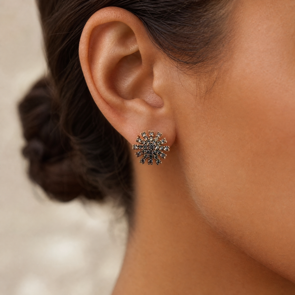 Rose Gold Starburst Stud Earrings – worn