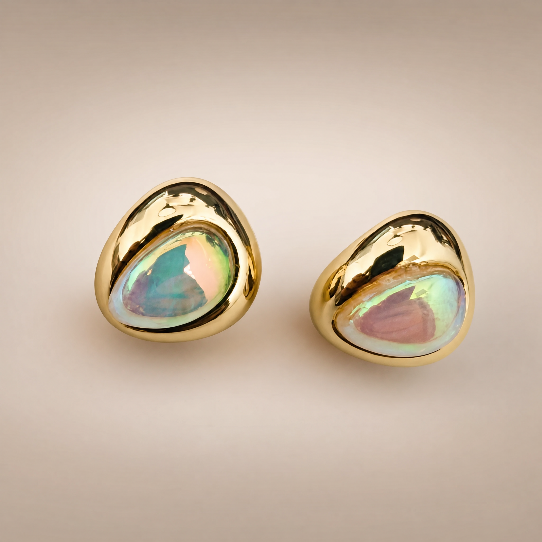 Gold Dome Stud Earrings – Iridescent – worn
