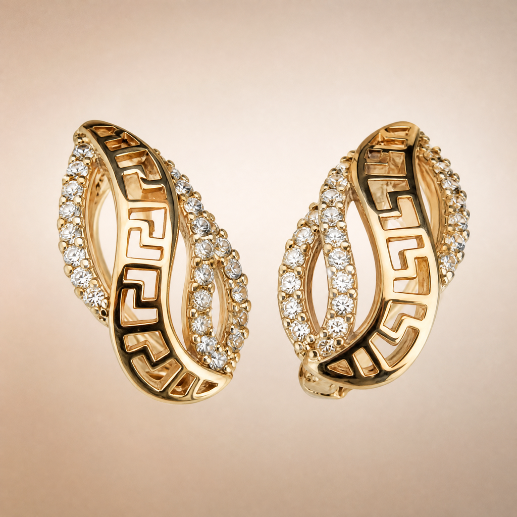 Gold Greek Key Twist Huggies – worn