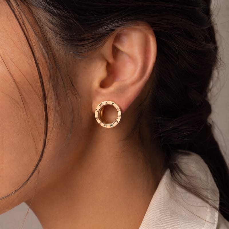 Roman Numeral Stud Earrings – Black & Gold – worn