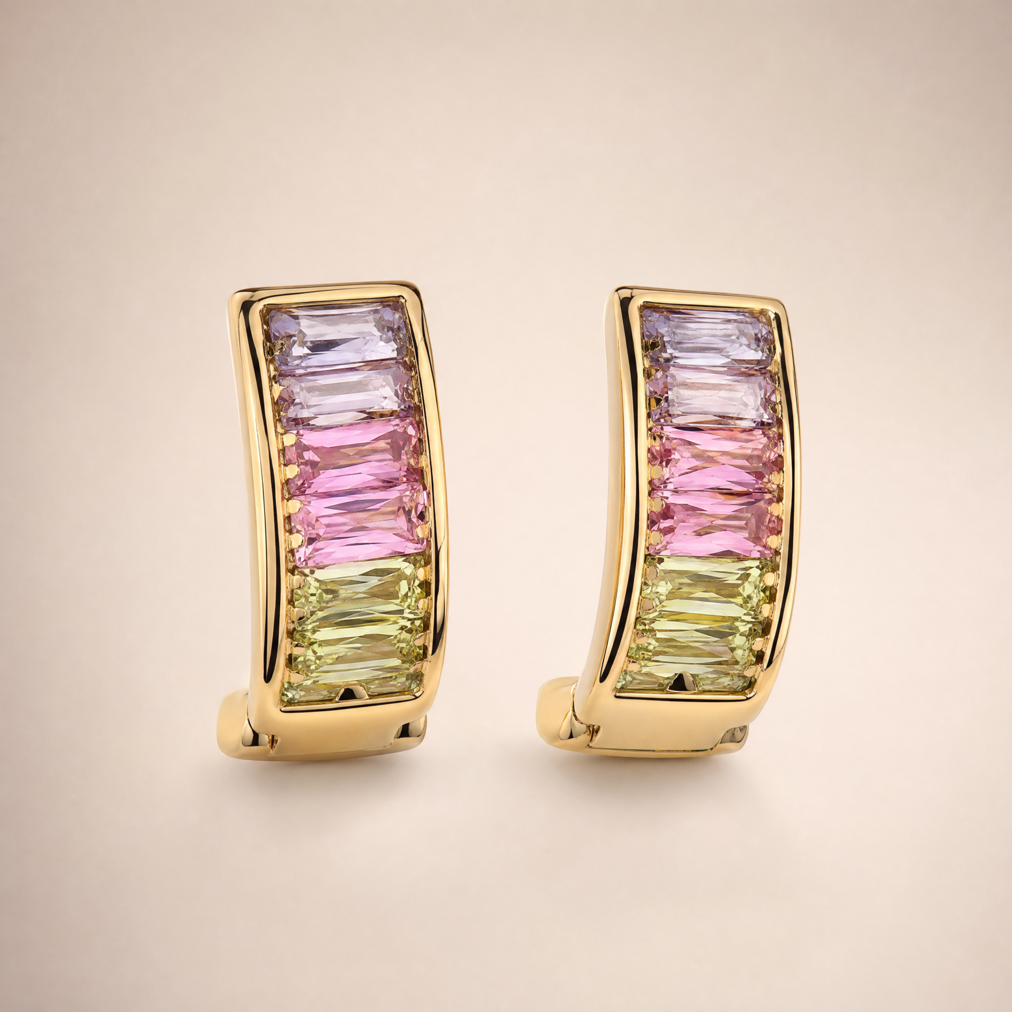 Gold Rainbow Baguette Huggies – worn