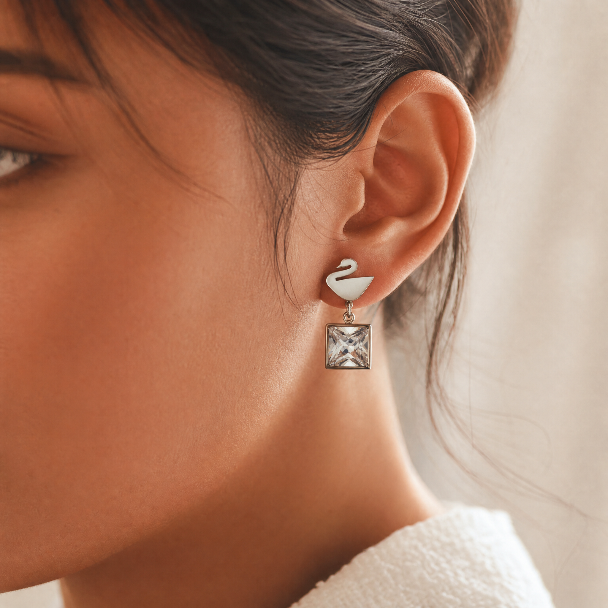 Swan Drop Earrings – Black & White – worn
