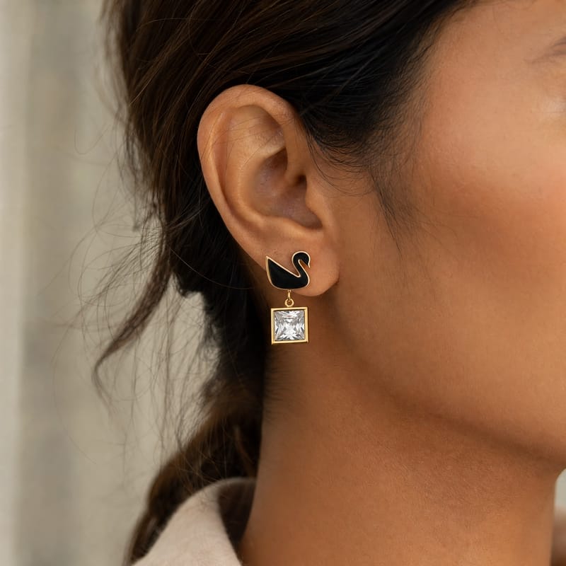 Swan Drop Earrings – Rose Gold & Black – detail