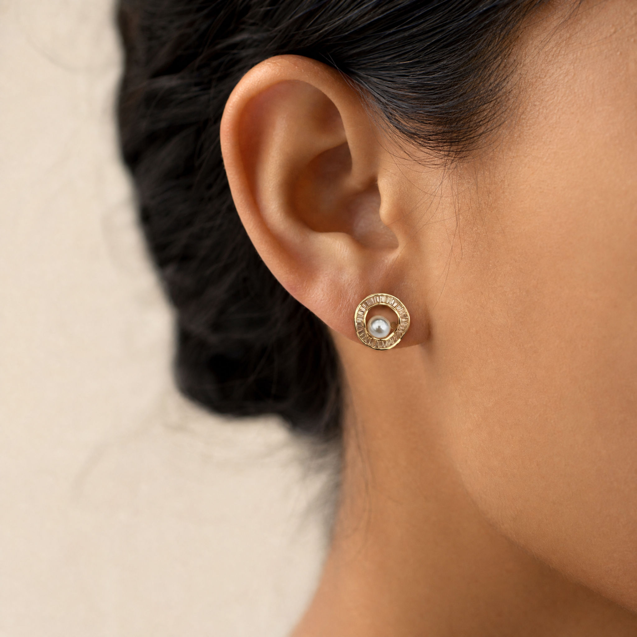 Gold Circle Studs with Pearl Center – worn
