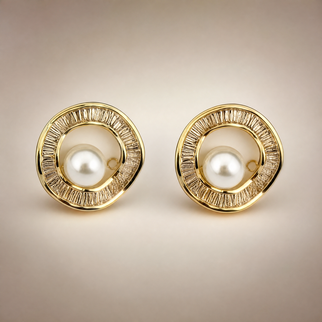 Gold Circle Studs with Pearl Center – detail