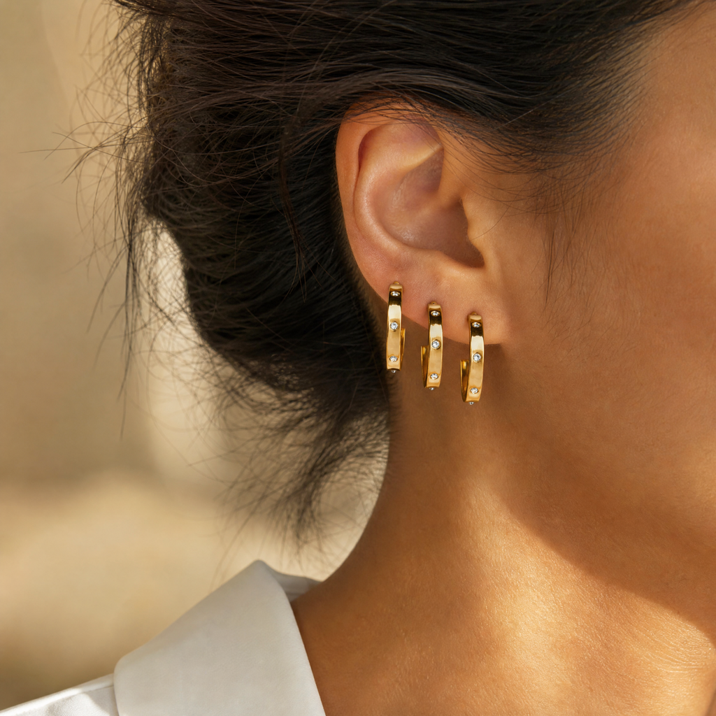 Gold Crystal Hoop Set – 3 Pieces – worn