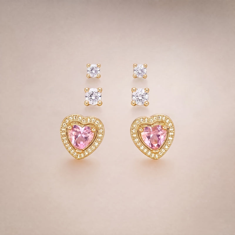 Rose gold 3-pair stud set: pink CZ heart with pavé halo + two round CZ solitaires