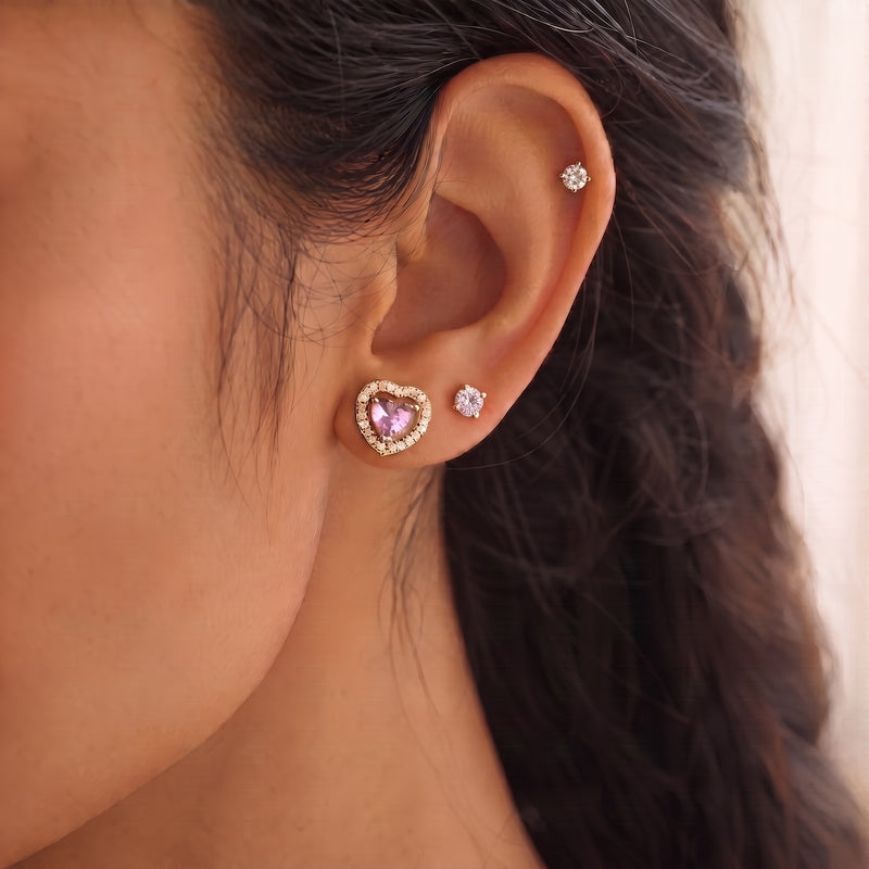 Rose gold 3-pair stud set: pink CZ heart with pavé halo + two round CZ solitaires