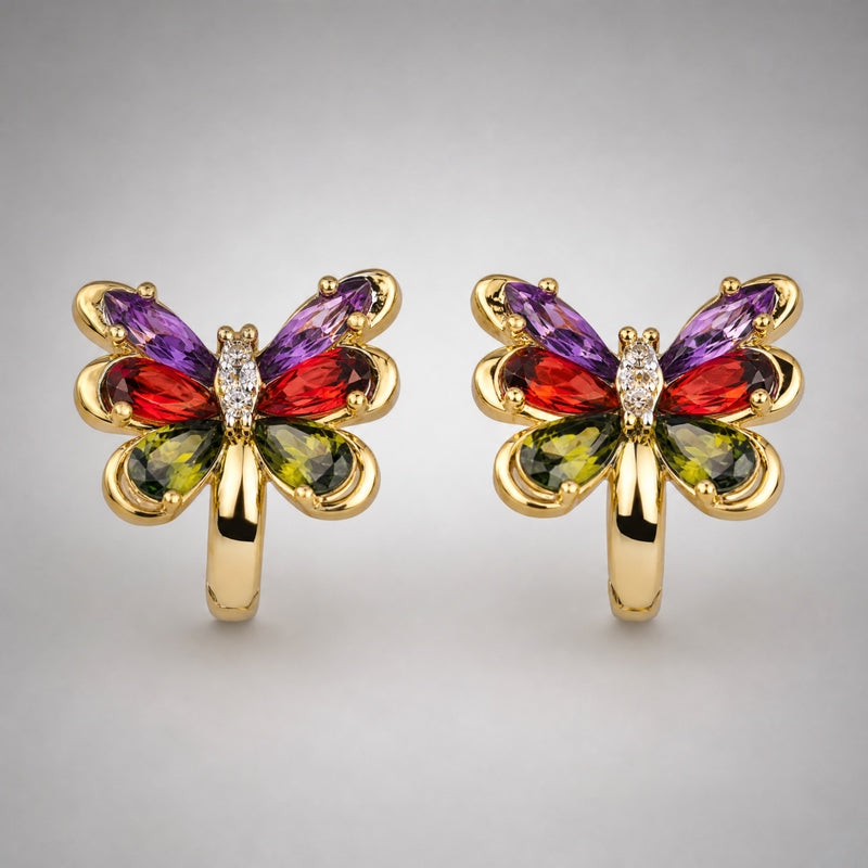 Gold butterfly huggie hoops, multicolour CZ wings