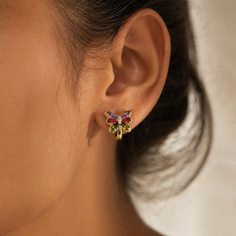 Gold butterfly huggie hoops, multicolour CZ wings
