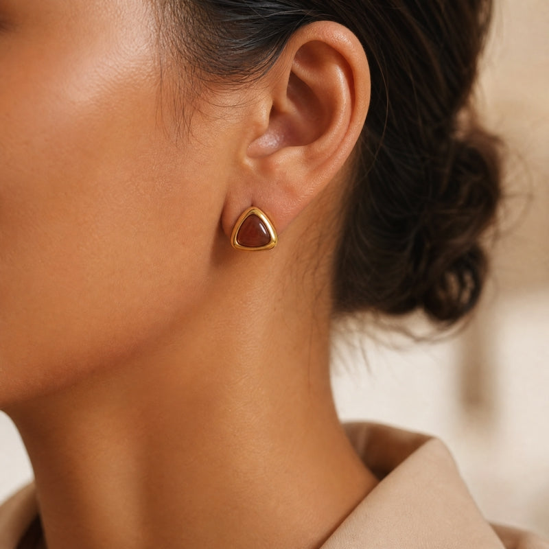 Gold chunky bezel studs, blush marbled triangular stone