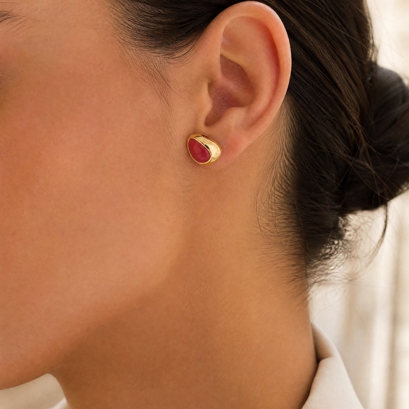 Gold chunky dome studs, magenta-pink enamel inlay