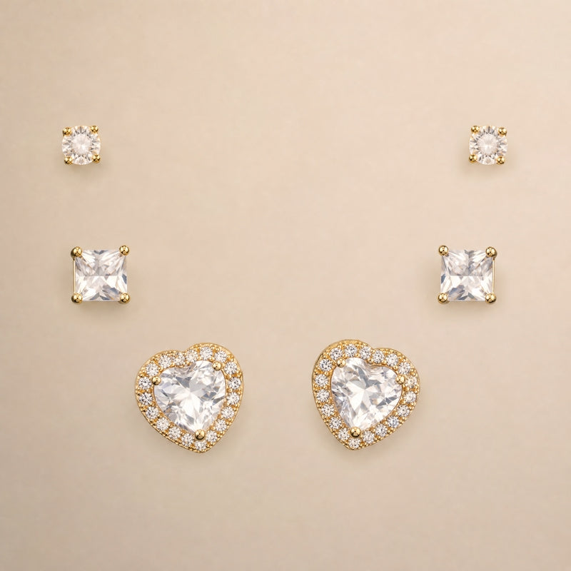Gold 3-pair clear CZ stud set: round, square & heart with pavé halo