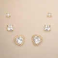 Gold 3-pair clear CZ stud set: round, square & heart with pavé halo