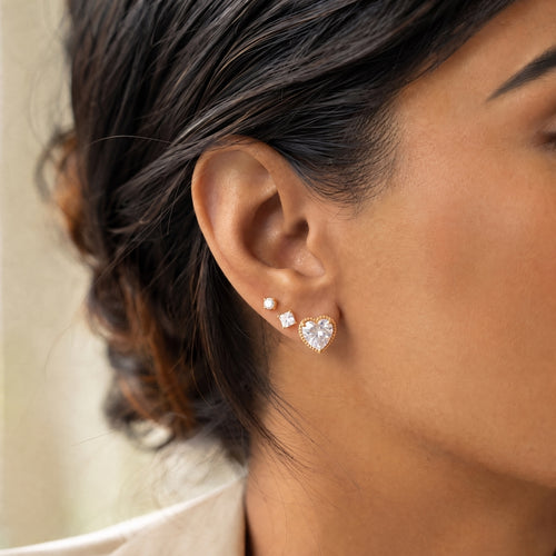 Gold 3-pair clear CZ stud set: round, square & heart with pavé halo