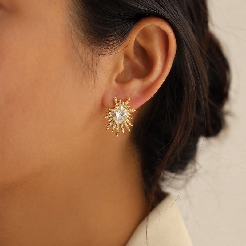 Gold CZ sunburst studs, oval solitaire centre