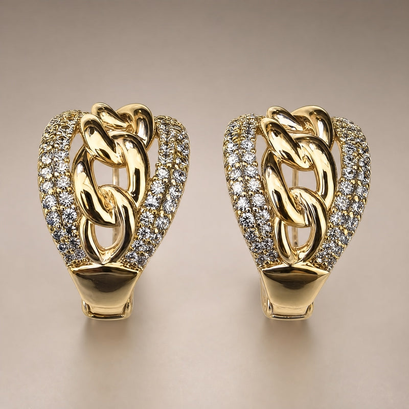 Gold CZ pavé cuban-link C-hoop huggies