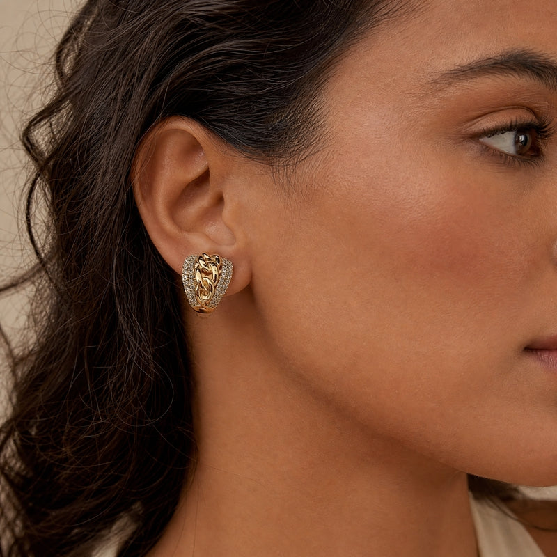Gold CZ pavé cuban-link C-hoop huggies
